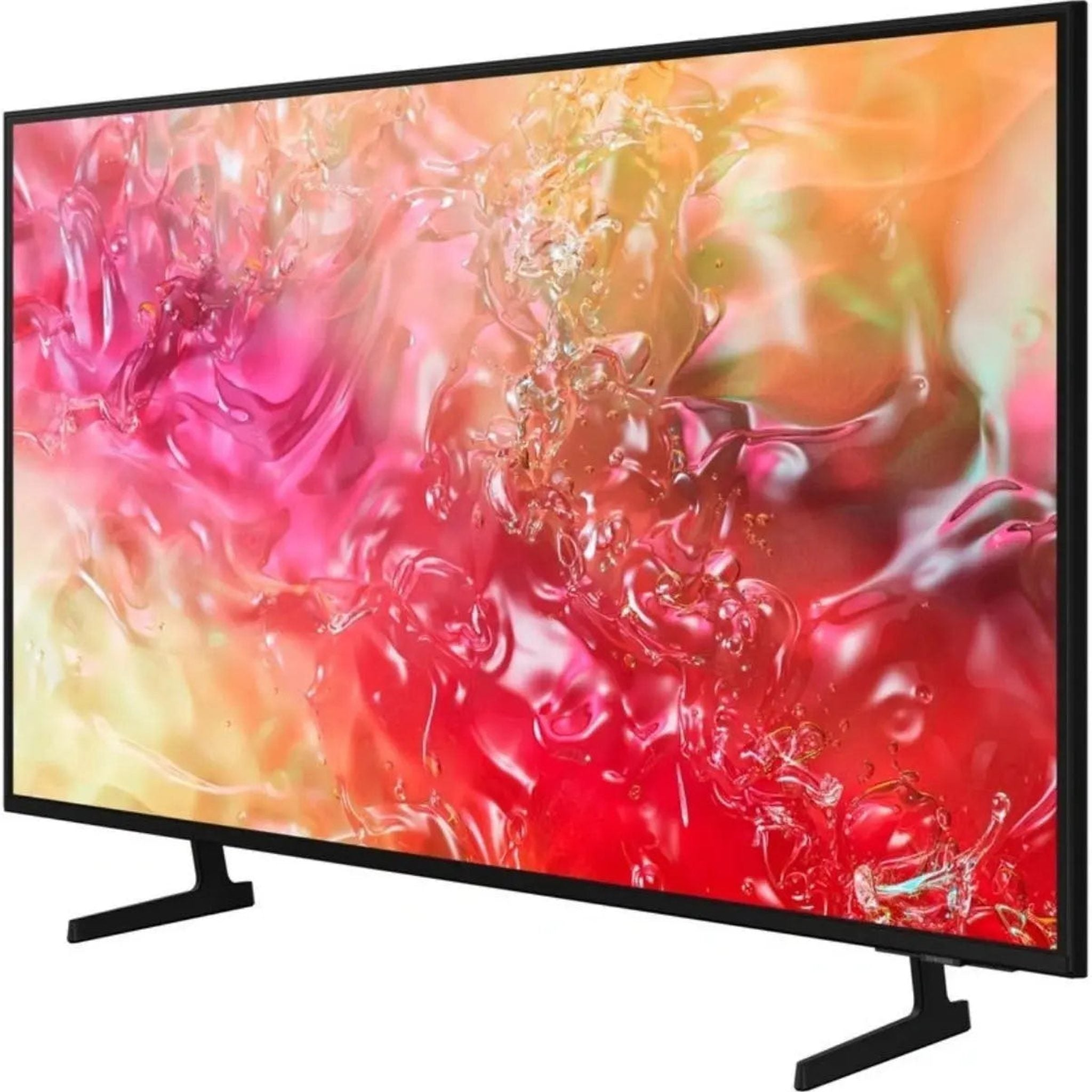 Grote flatscreen-tv op standaards, met kleurrijk abstract display.