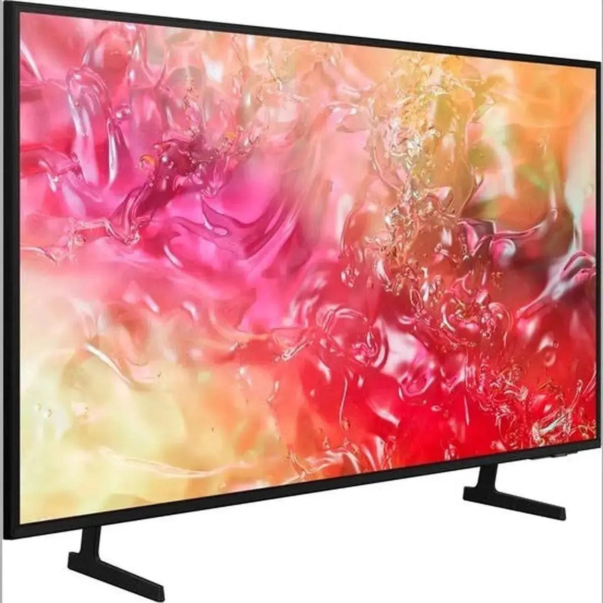 Televisor de pantalla grande con pantalla colorida, se apoya en patas.