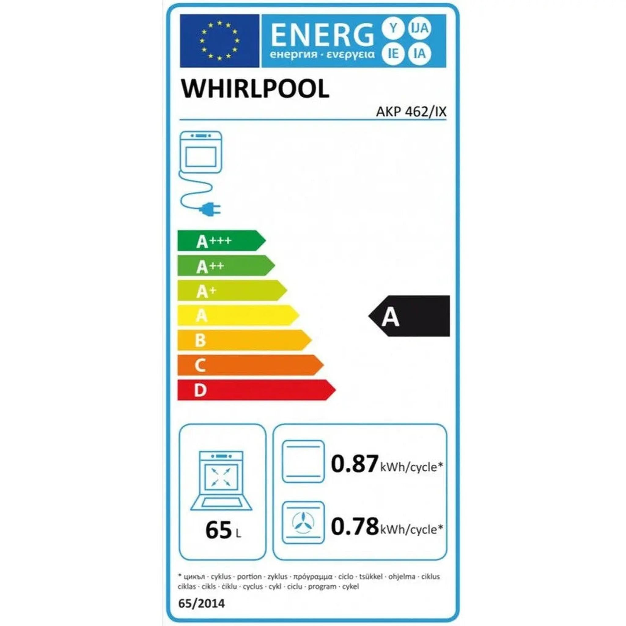 Etichetta energetica del forno Whirlpool con classe A.