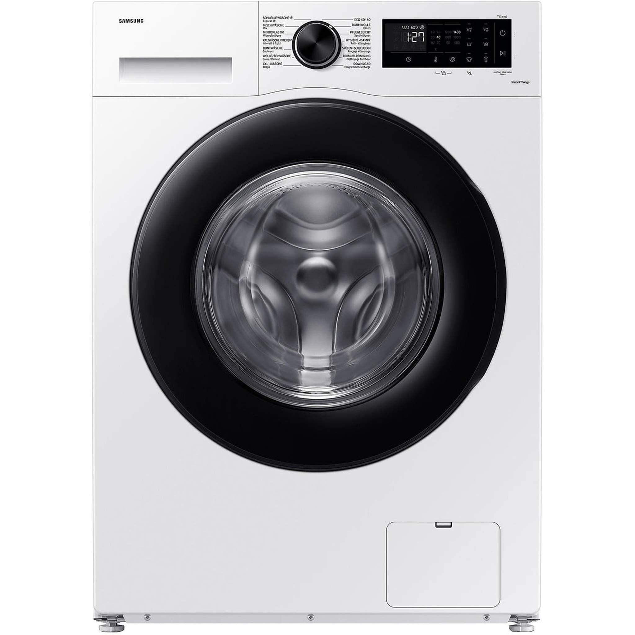 Weiße Samsung Waschmaschine mit schwarzer Tür und Bedienfeld.