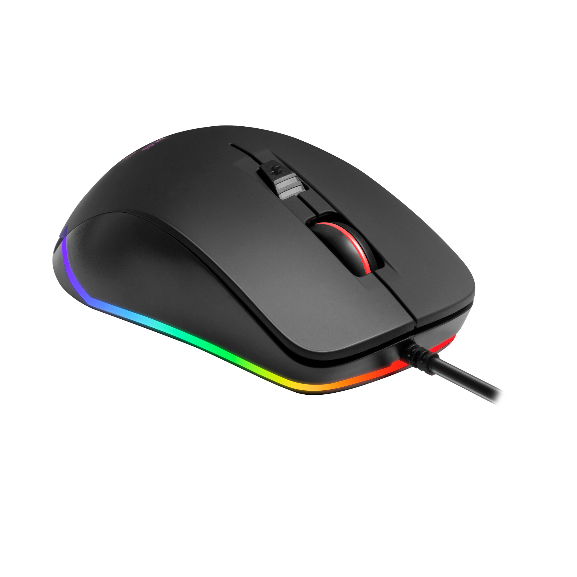Mouse nero con luci RGB. Il mouse ha una rotellina e un cavo.