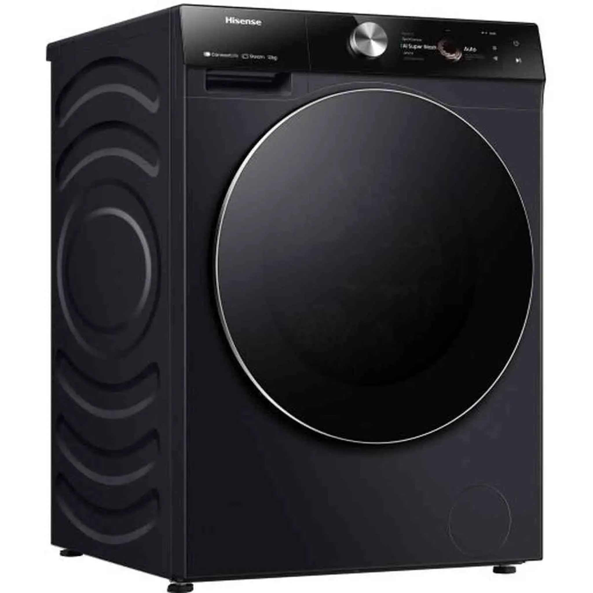 Lavatrice Hisense nera. Ha una porta rotonda nera, comandi digitali e uno schermo.