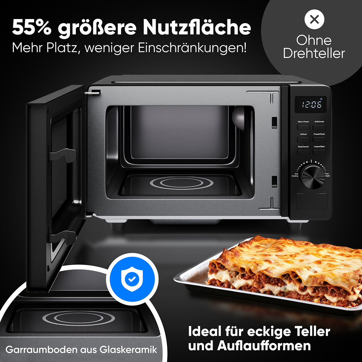 Kuchenka mikrofalowa z otwartymi drzwiami i lasagne w środku. Szklano-ceramiczne dno. Szary.