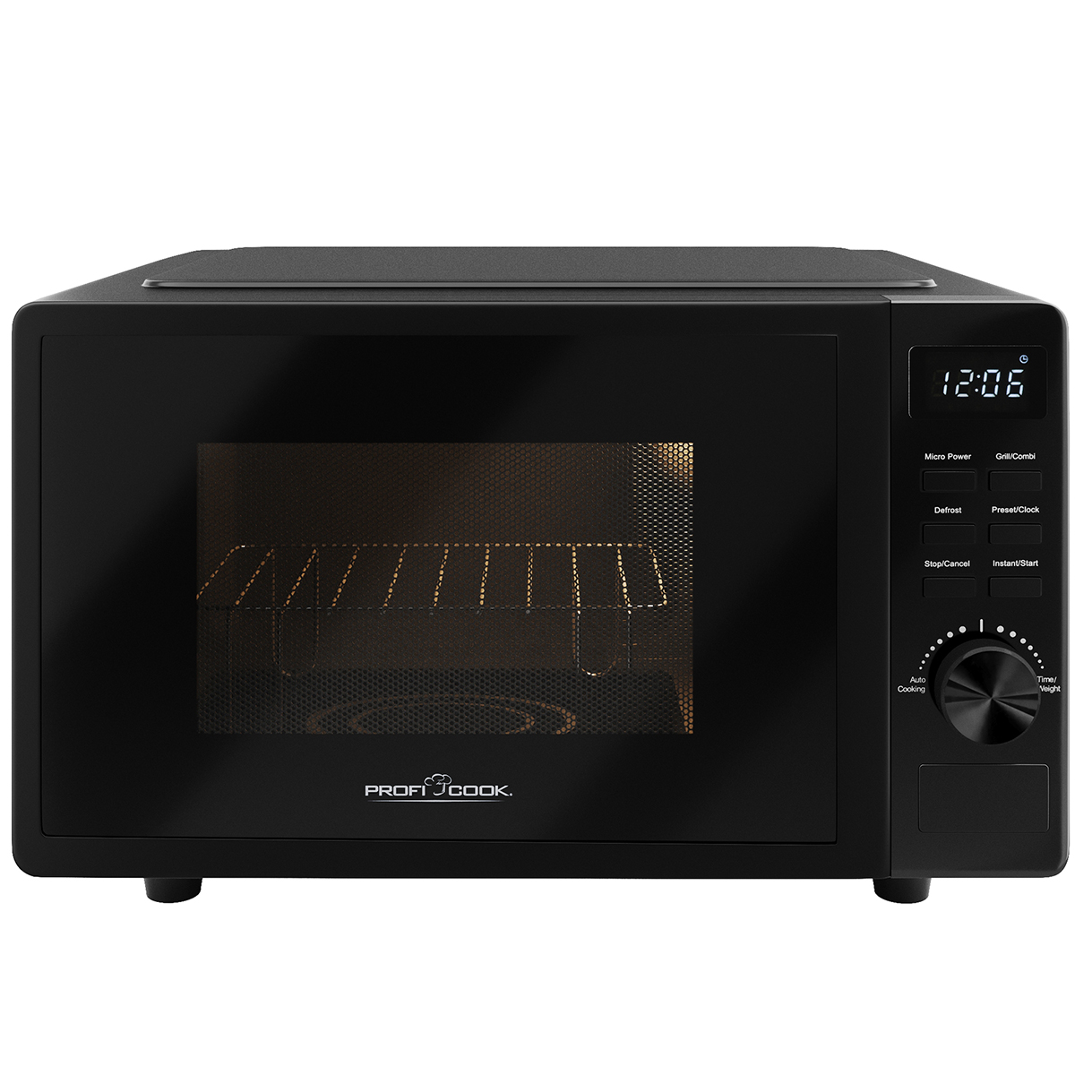 Czarna kuchenka mikrofalowa z cyfrowym wyświetlaczem w prawym górnym rogu. Wnętrze widoczne przez szkło.