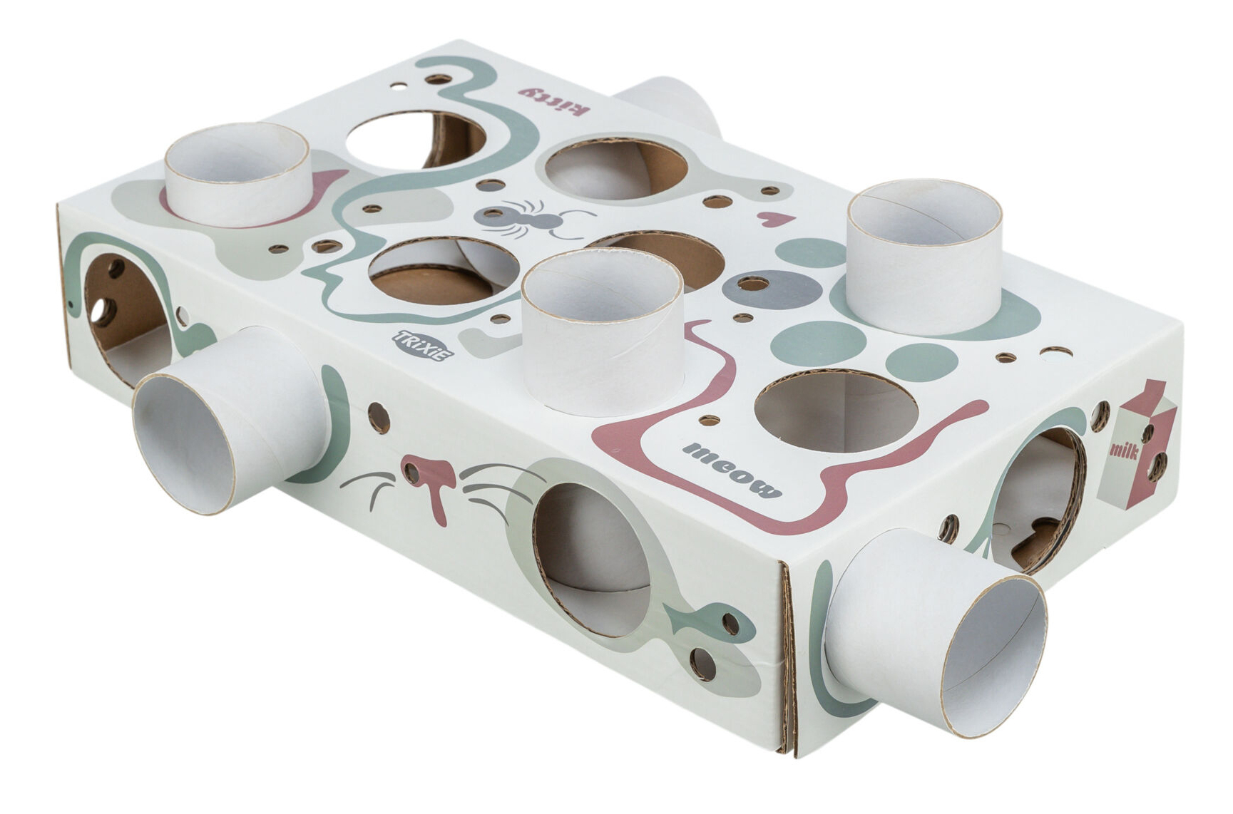 Jouet pour chat avec trous et tubes. Design blanc, vert et rose.