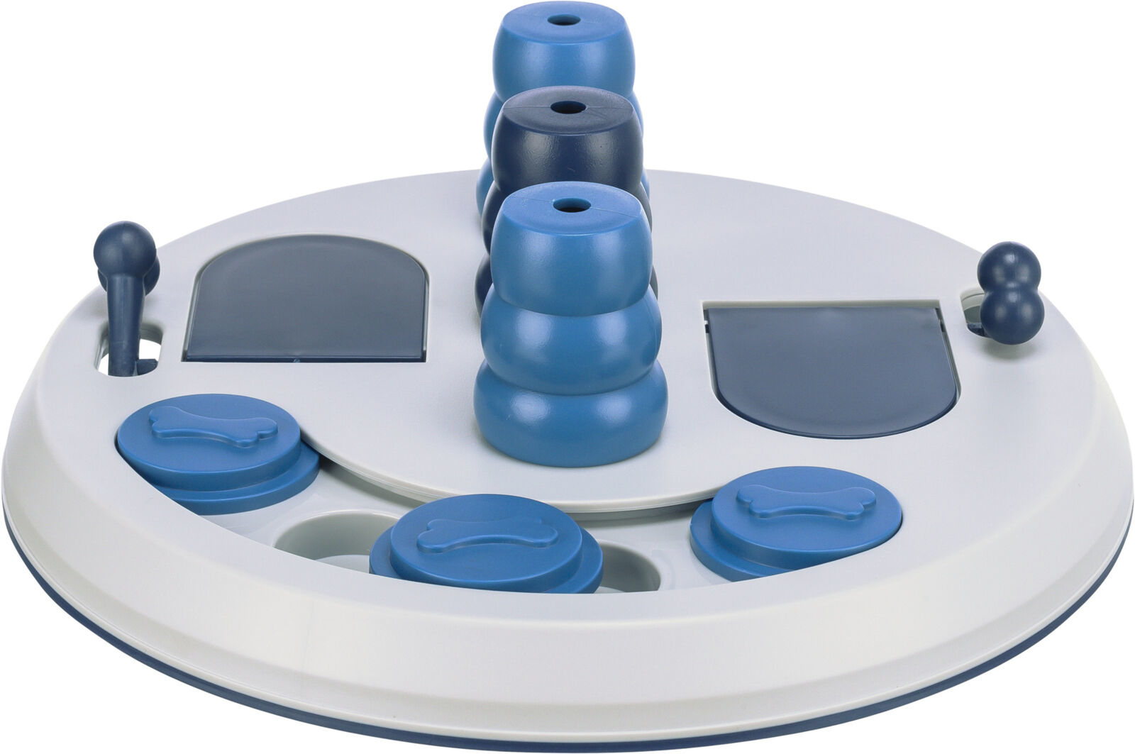 Okrągła zabawka dla psa z niebieskimi i białymi elementami. Ma niebieskie cylindry i otwory i osłony w kształcie kości.