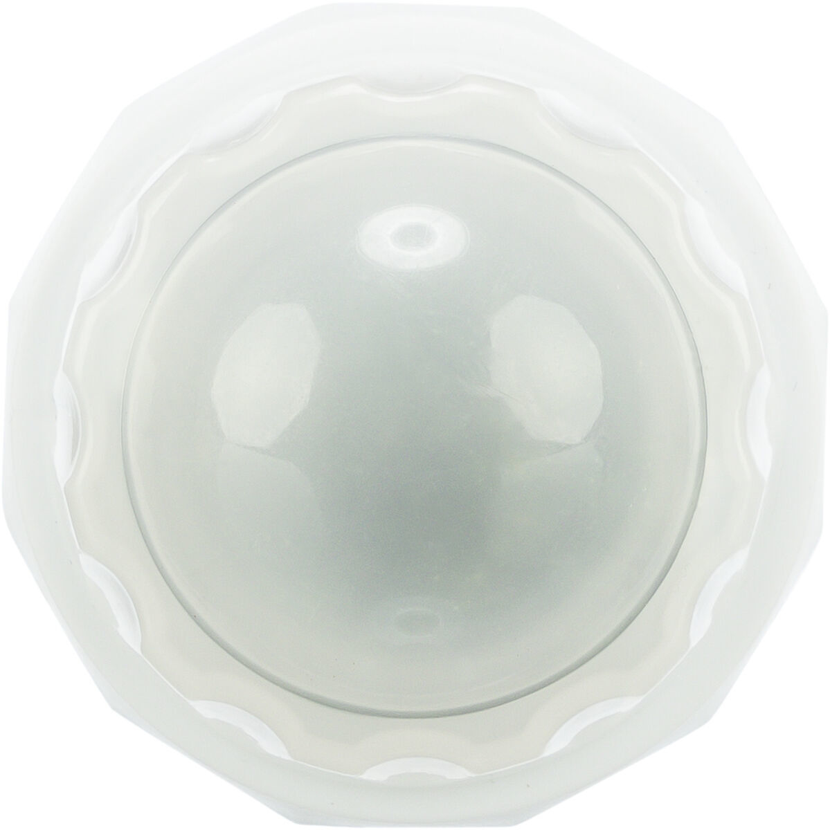Biały, okrągły, przezroczysty pojemnik. Widok z góry, białe tło.