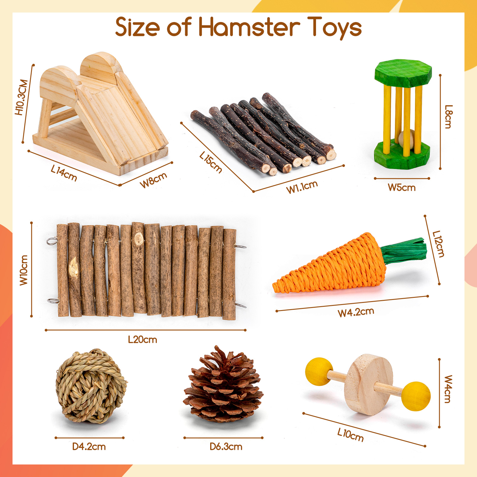 Juguetes para hámster. Incluye un tobogán de madera, palos, una bola, una zanahoria, una piña y un juguete.