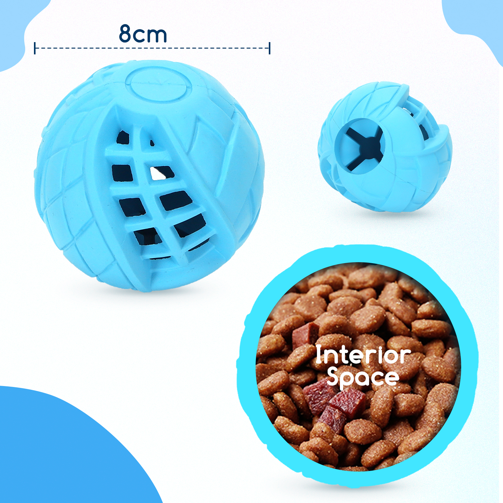 Juguete para perros azul con una bola dentro. Dos juguetes y un círculo con comida para perros.