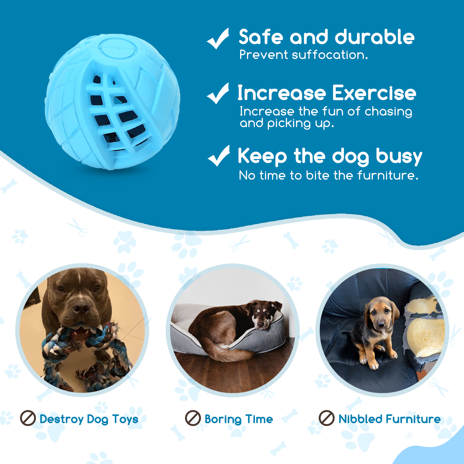 Un juguete azul para perros con diseño de rejilla, junto a fotos de perros felices. El texto dice seguro, ejercicio y ocupa a los perros.