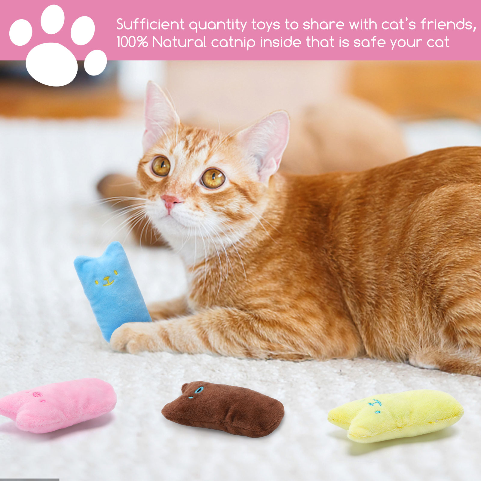 Gato naranja con juguetes para gatos. Juguetes azules, rosa, marrón y amarillo en alfombra.