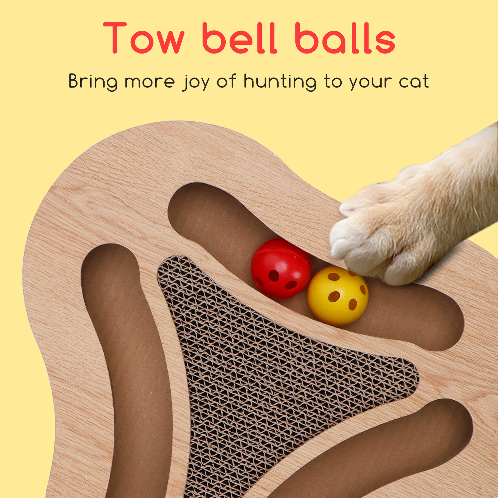 Un juguete de gato de madera con dos bolas y una pata. Texto: Tow bell balls, Bring more joy.