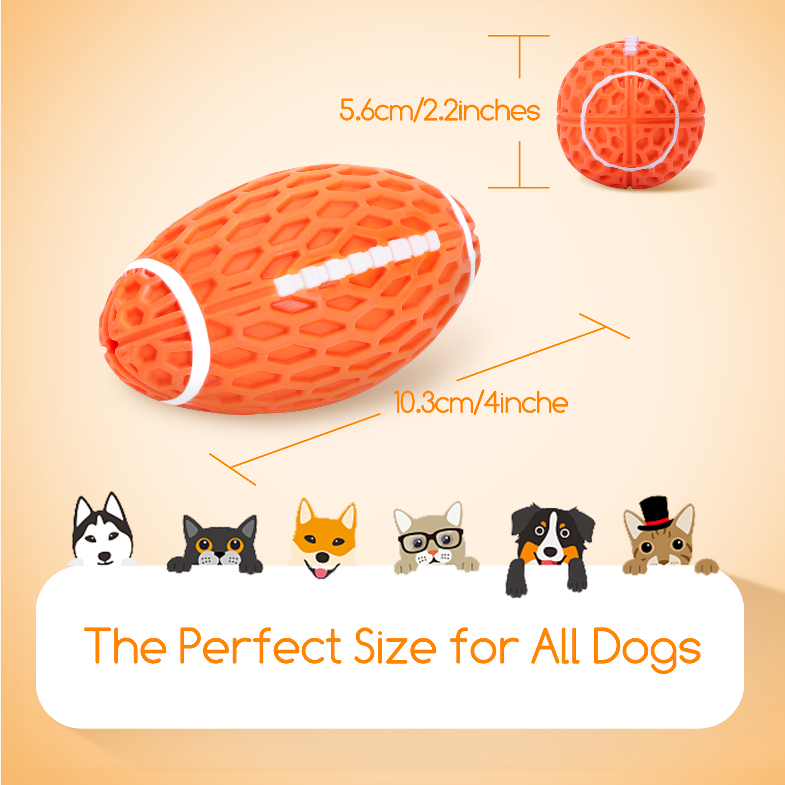 Balón de fútbol de juguete naranja con medidas y caras de perros de dibujos animados. Texto: Tamaño perfecto.