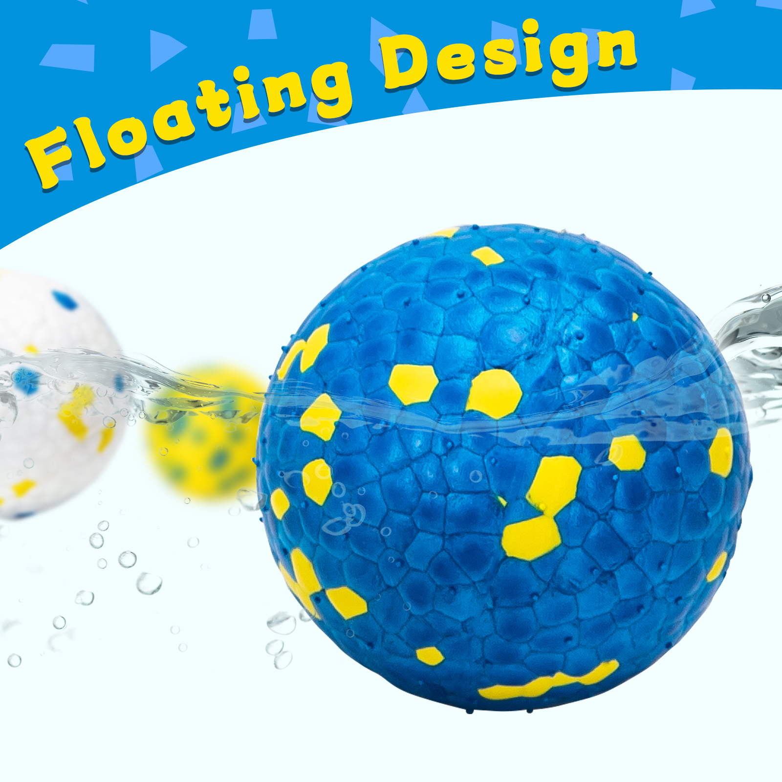 Bola de diseño flotante azul y amarilla en agua.