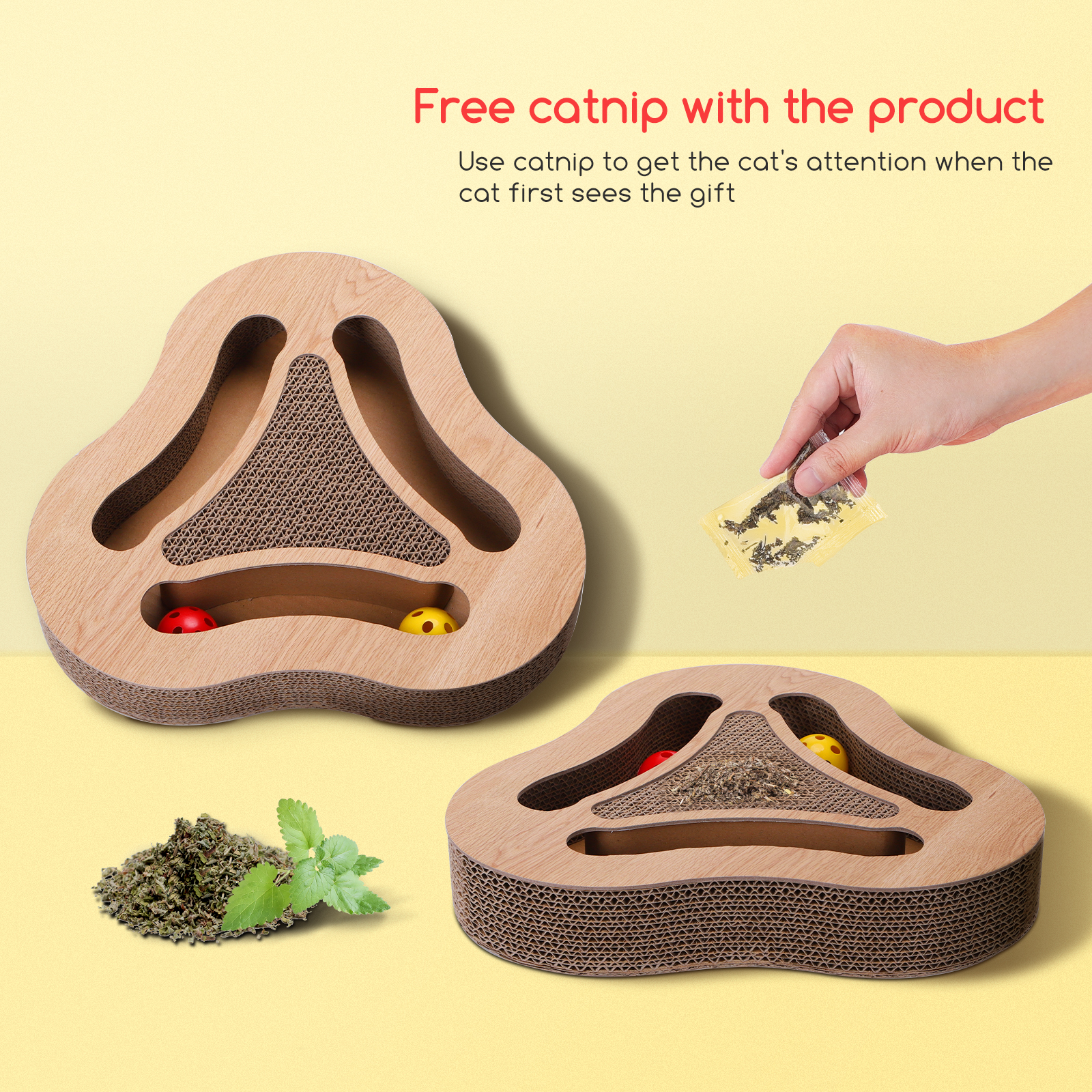 Juguete para gatos con hierba gatera y una mano ofreciendo más. Fondo de madera y amarillo.