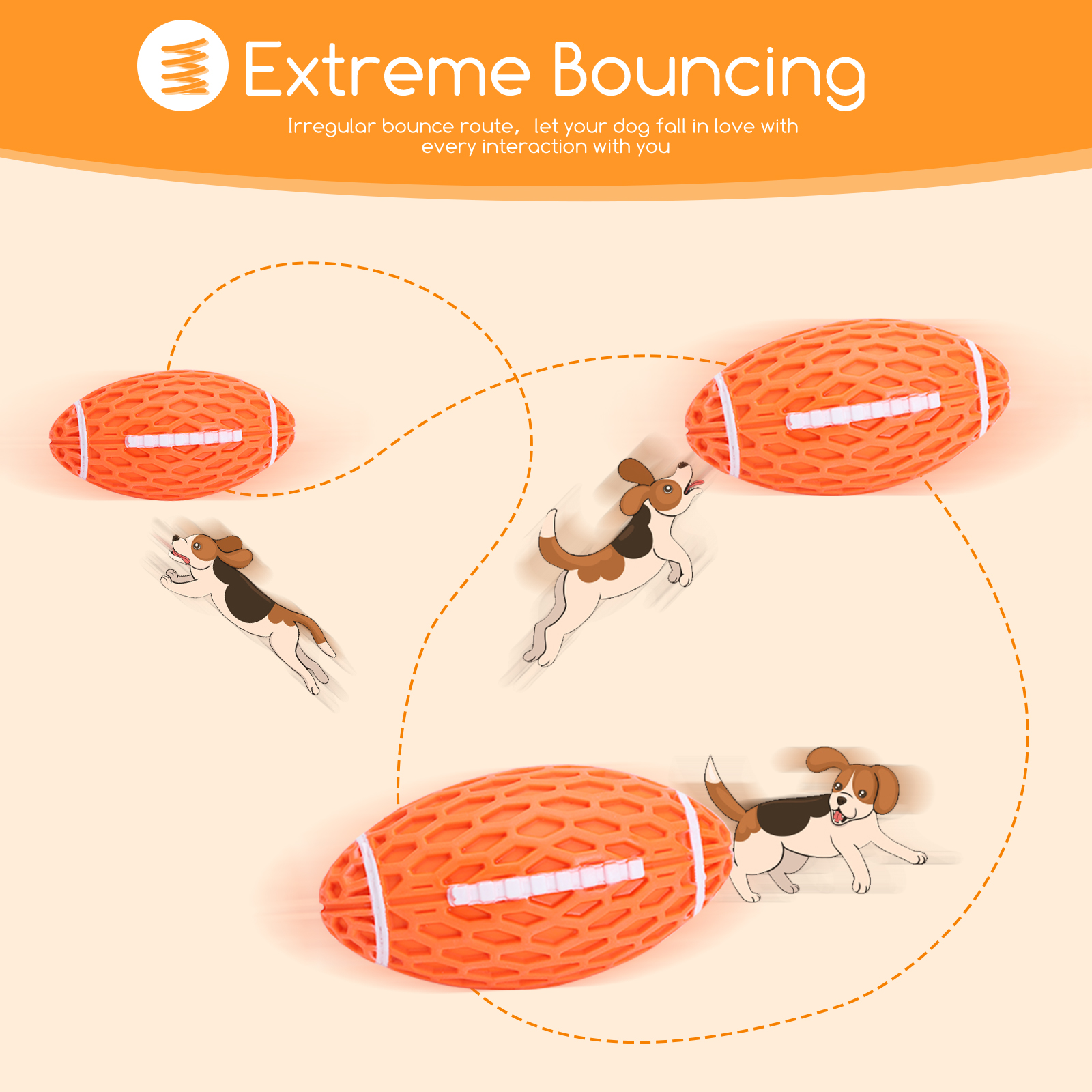 Ilustración de tres juguetes naranjas en forma de balón de fútbol y tres perros. Los juguetes tienen rayas blancas.