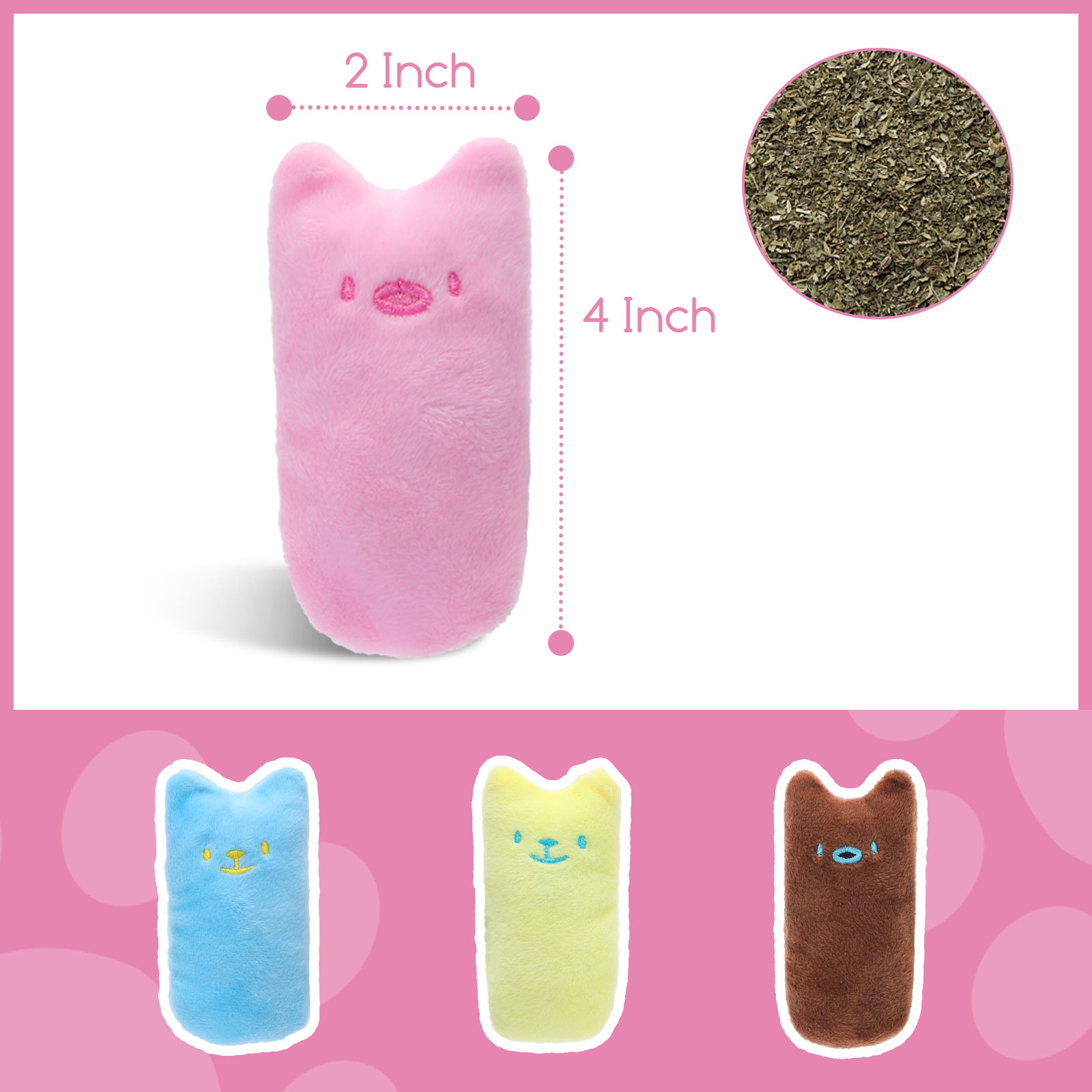 Juguete rosa para gatos con hierba gatera y tres juguetes con forma de gato.