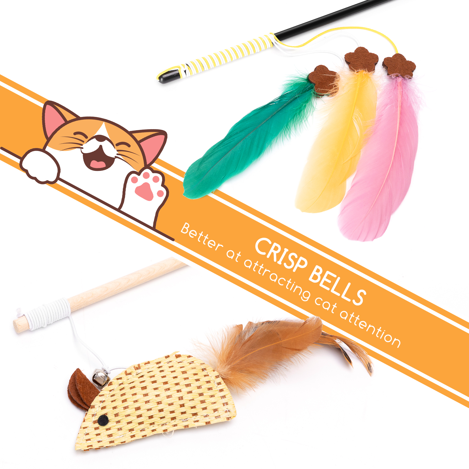 Juguete para gatos con plumas. El juguete tiene plumas verdes, amarillas y rosas.