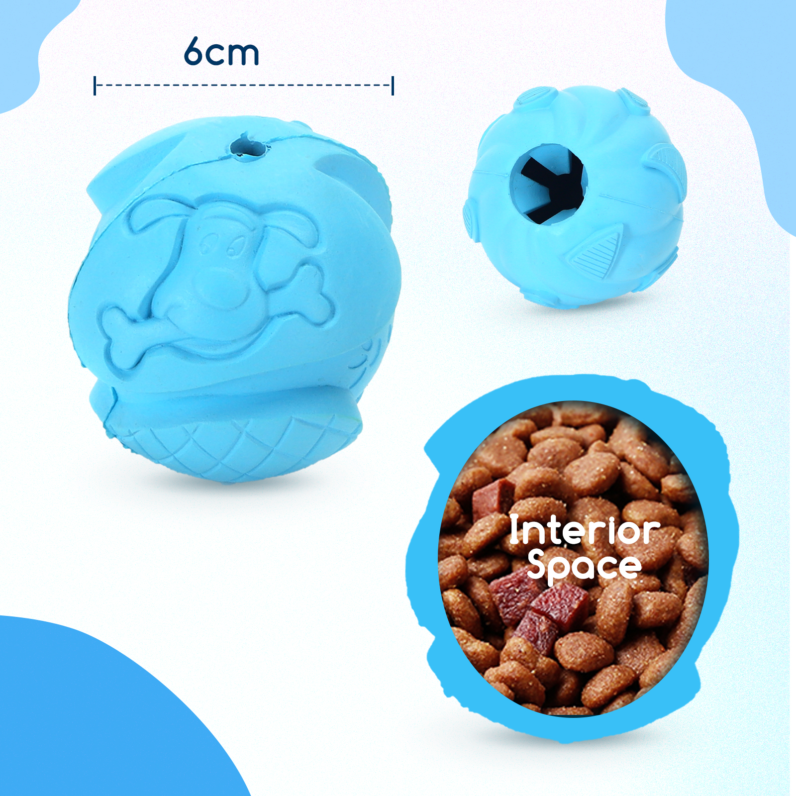 Juguete azul para perros con pienso dentro. Una bola azul con un agujero se muestra junto al juguete.