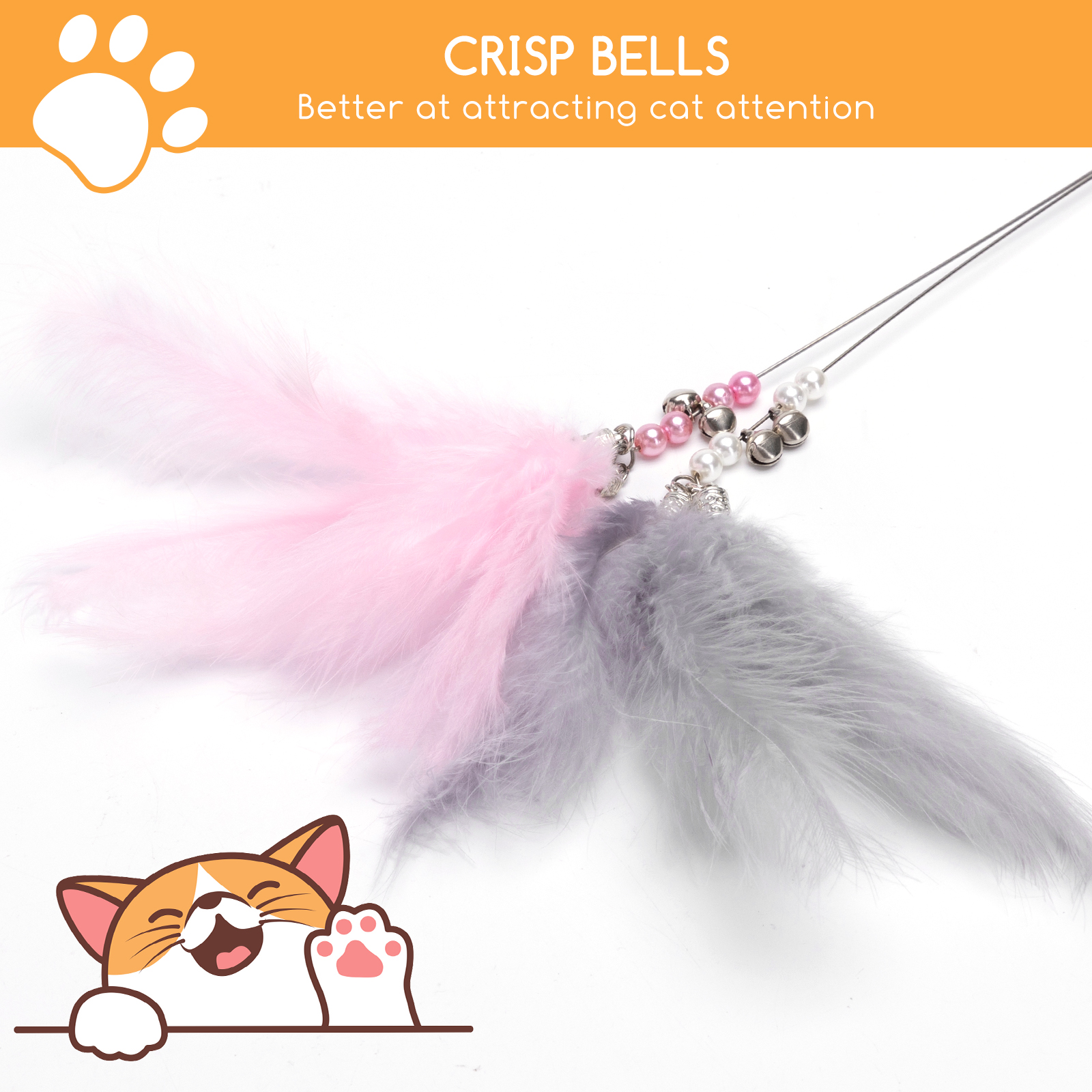 Juguete de plumas para gatos, rosa y gris con campanas y cuentas.