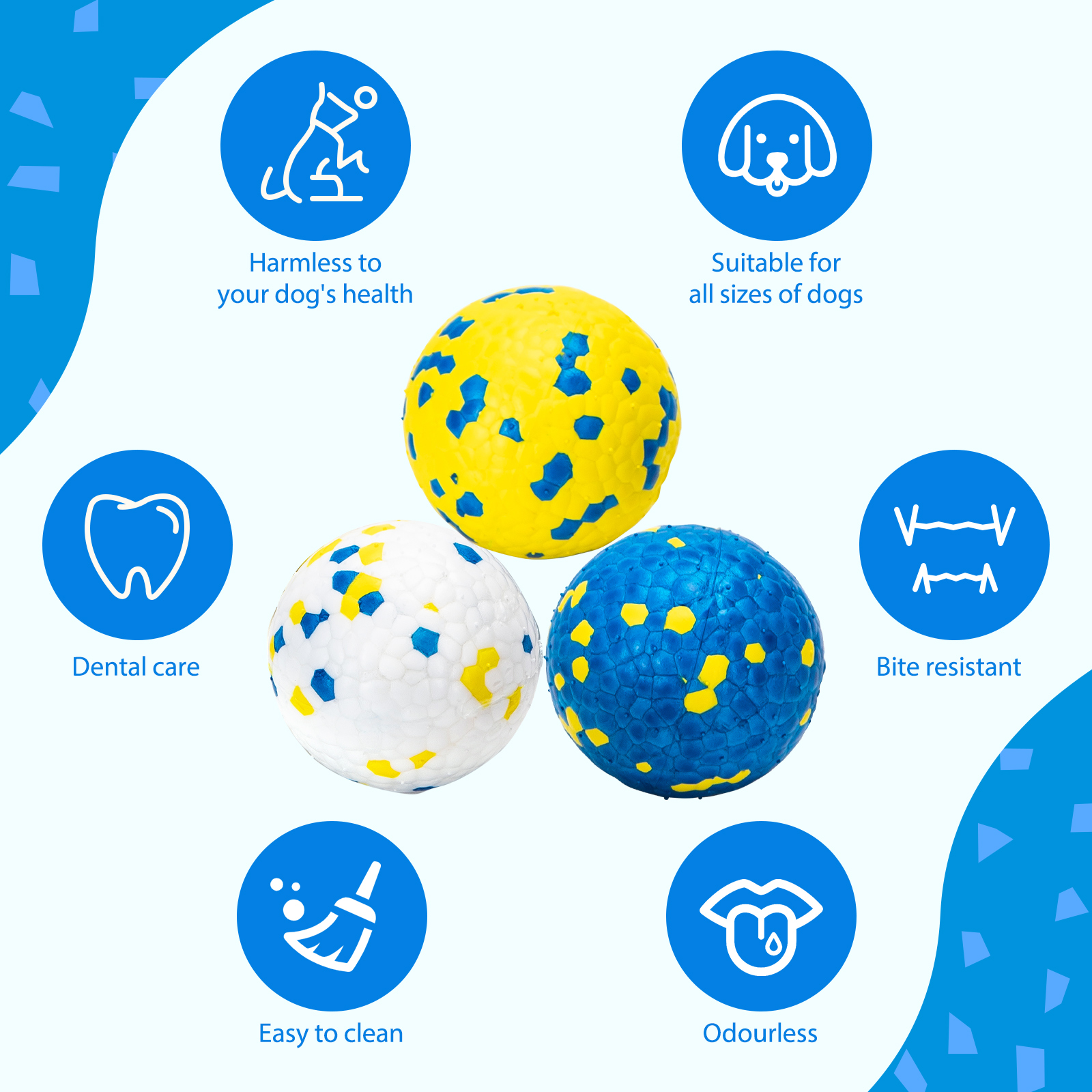Tres pelotas para perros con diferentes colores e iconos. Las pelotas son amarillas, blancas y azules.