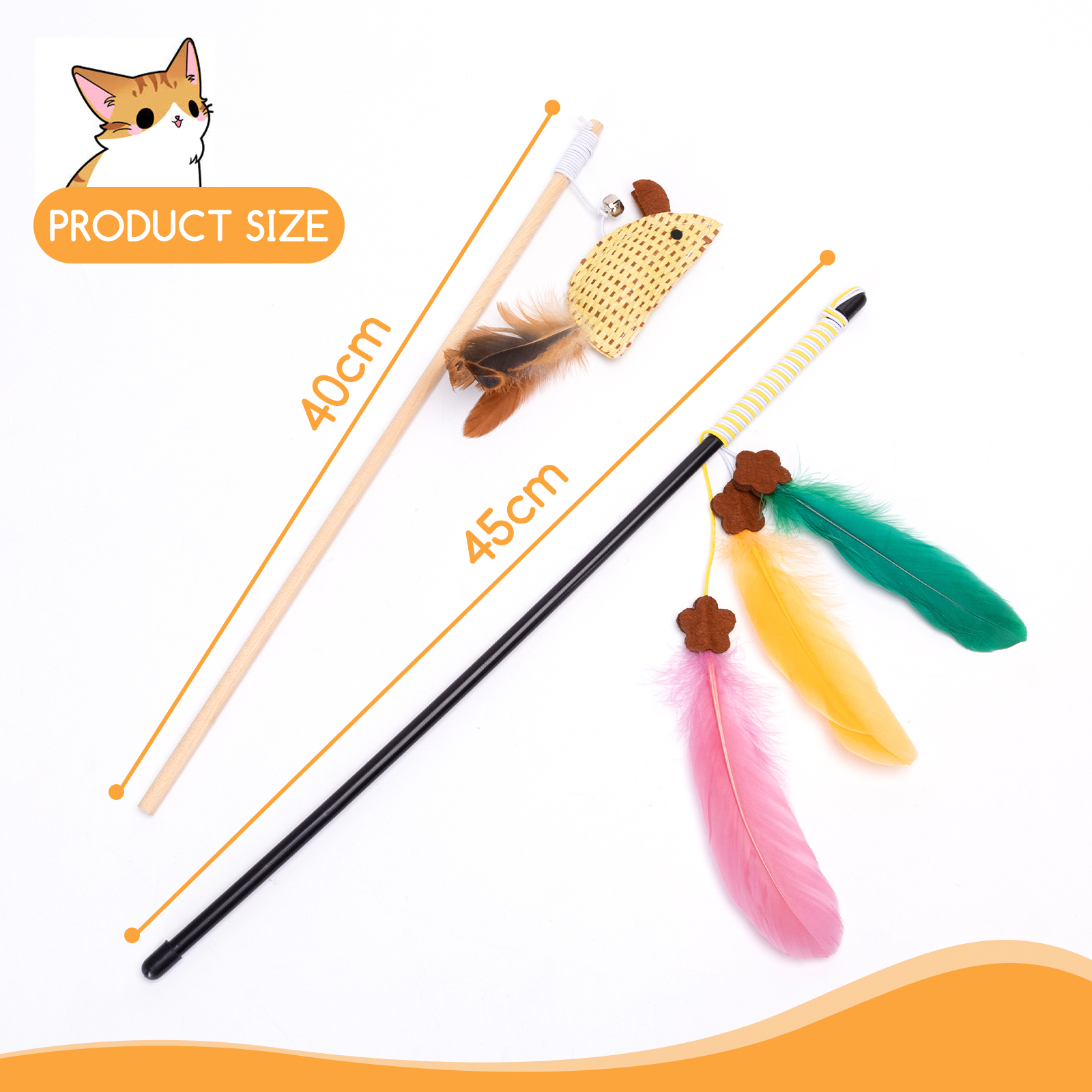 Juguete para gatos con dos varitas y plumas. Una varita mide 40 cm, la otra 45 cm.