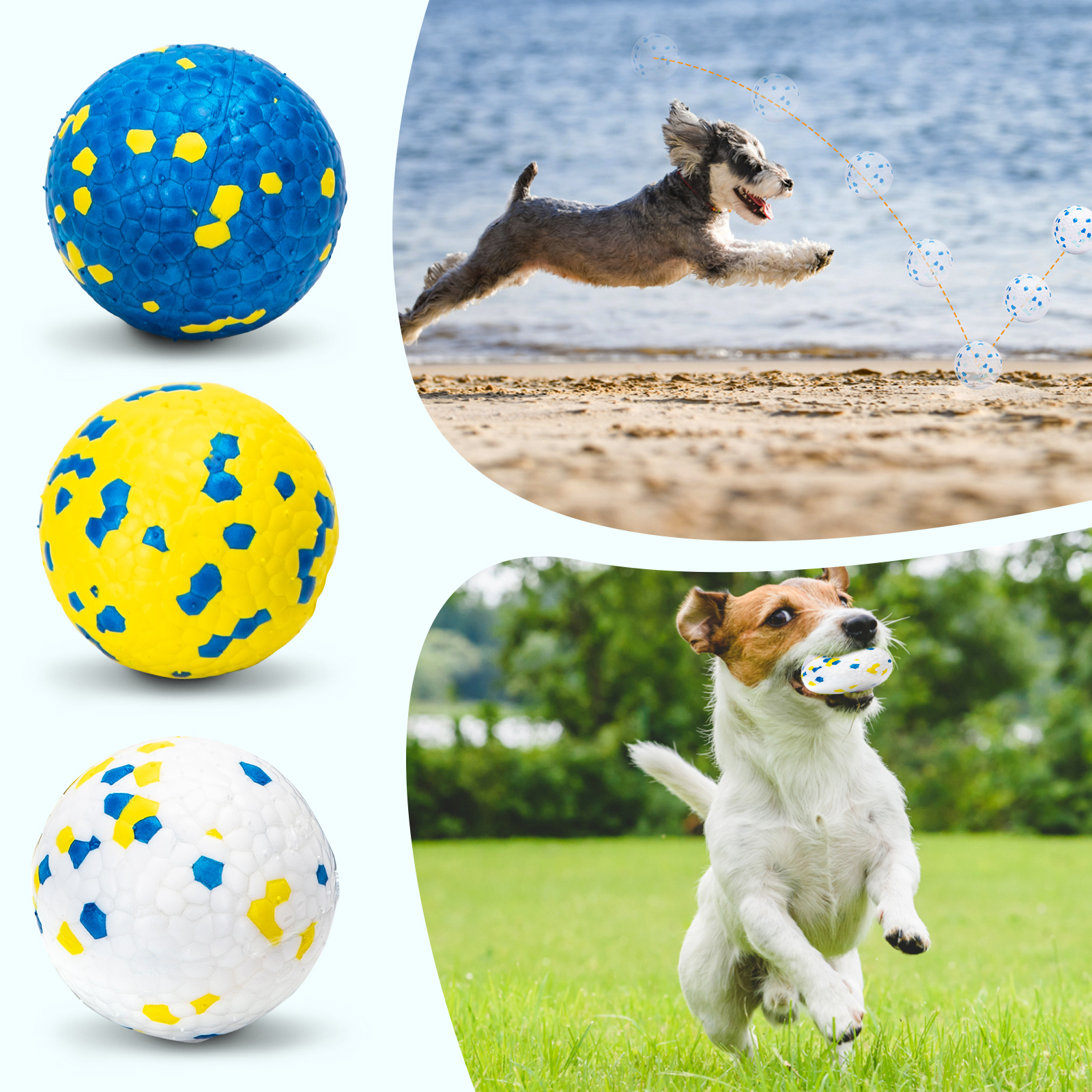 Perros jugando con juguetes en una playa y en un área de césped, con tres pelotas mostradas.