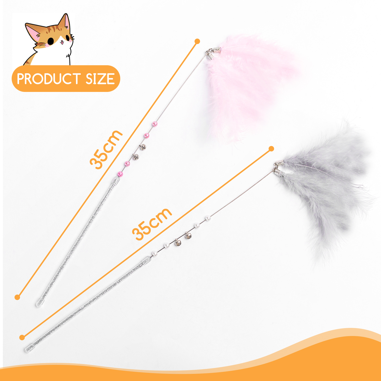 Juguete para gatos con plumas rosas y grises. Palos con cuentas. Etiqueta de tamaño del producto.