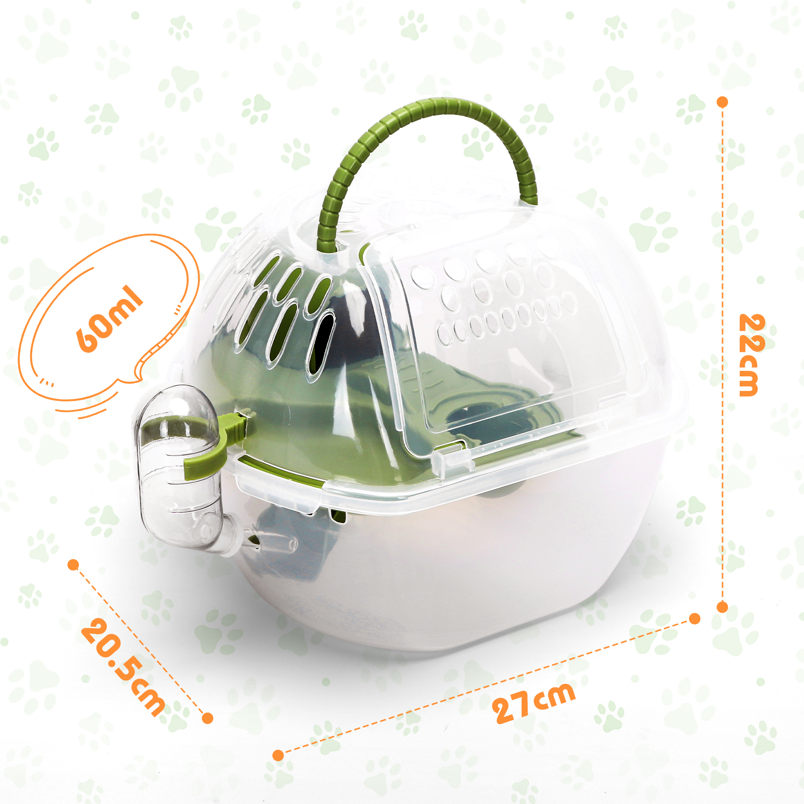 Jaula para hámster. Tapa transparente con asa verde, botella de agua y base blanca. Medidas etiquetadas.