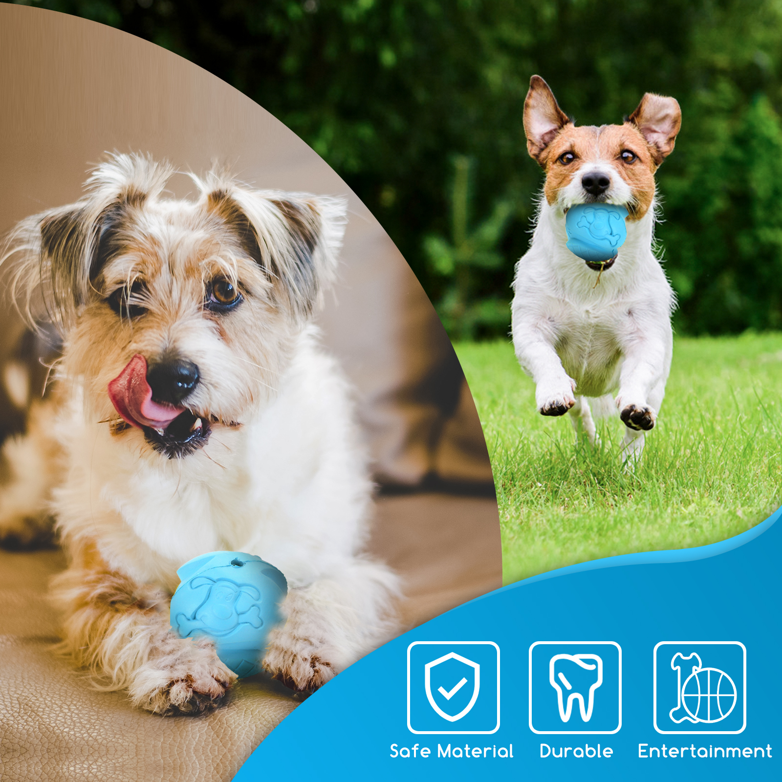 Dos perros con pelotas azules, con iconos, que promueven material seguro, durabilidad y entretenimiento.