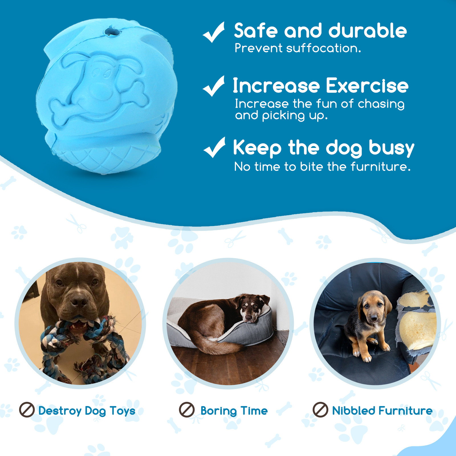 Juguete azul para perros y fotos de perros, mostrando beneficios, como sin aburrimiento.
