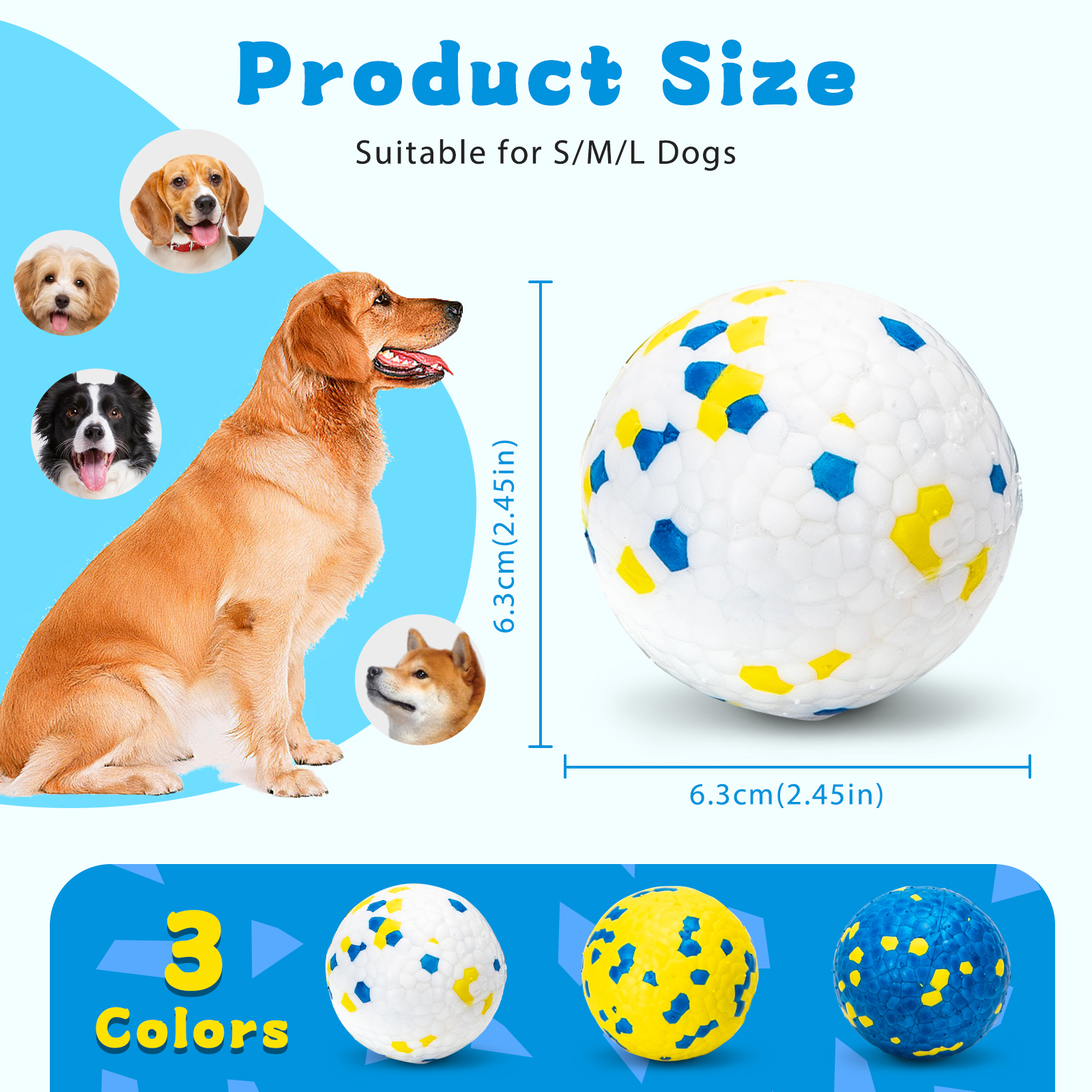 Pelota de juguete blanca y amarilla con detalles azules junto a fotos de perros. Texto: Tamaño del producto.