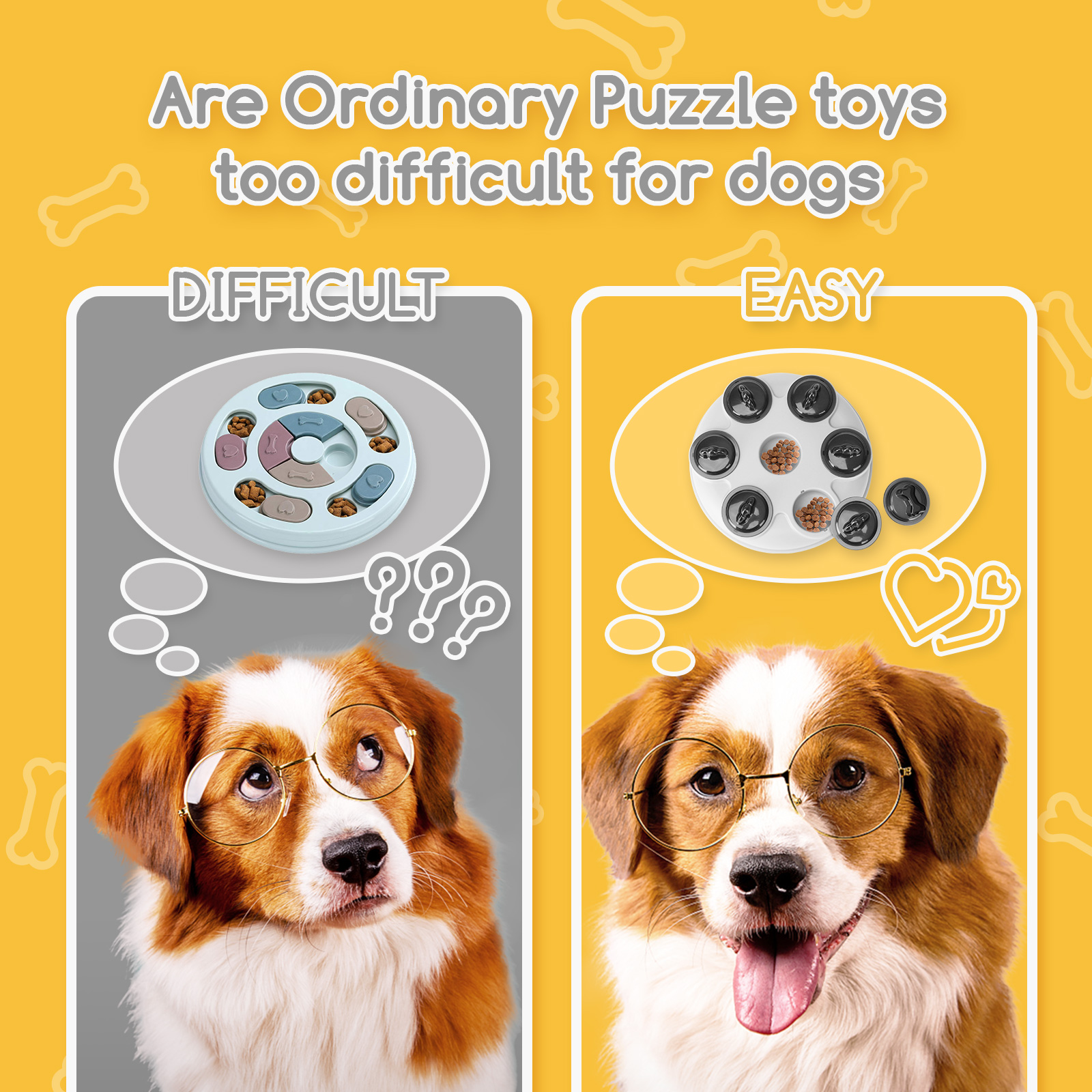 La imagen muestra perros con gafas comparando juguetes de rompecabezas difíciles y fáciles para perros. Hay interrogantes y un corazón.