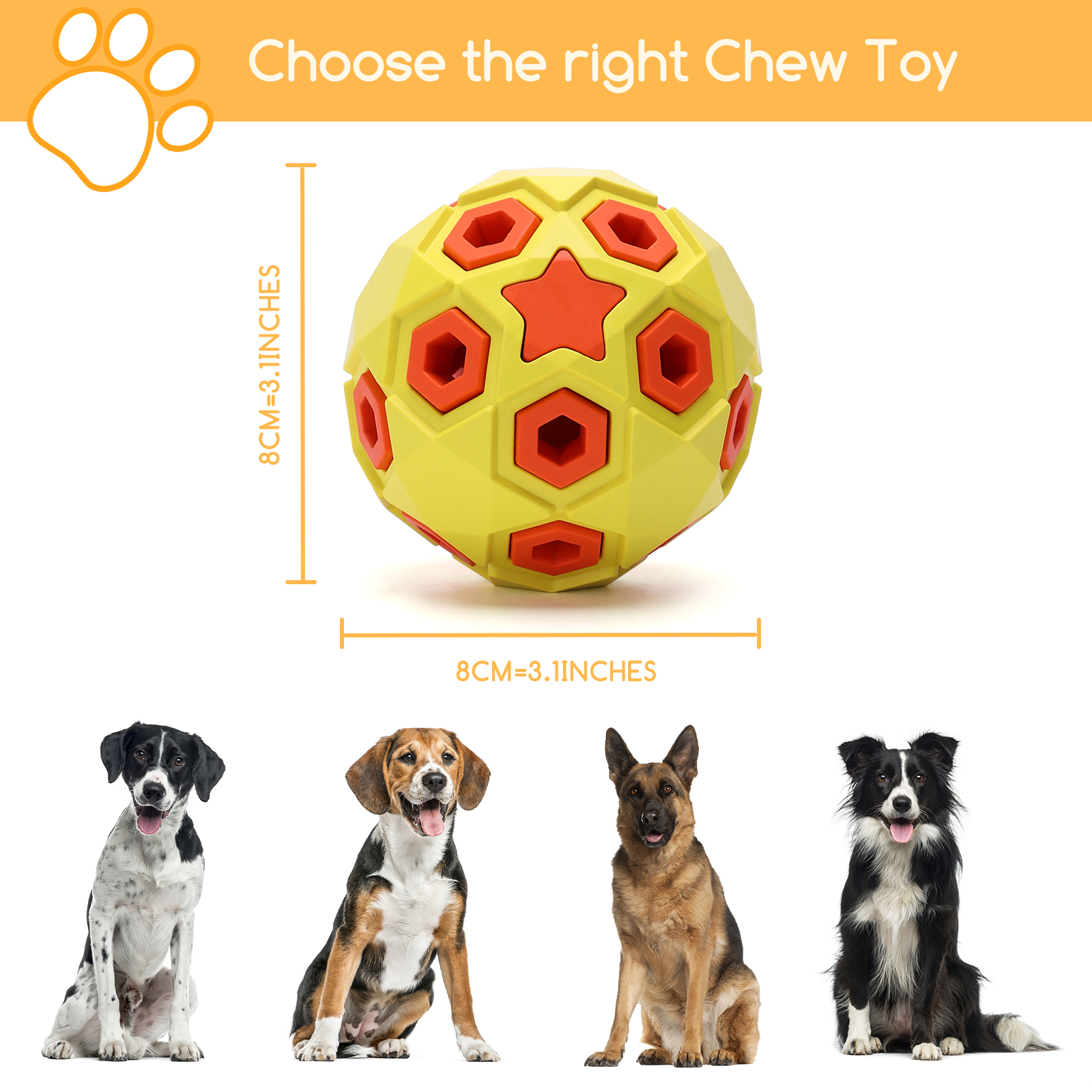 Un juguete para perros amarillo y naranja con forma de bola con perros alrededor.