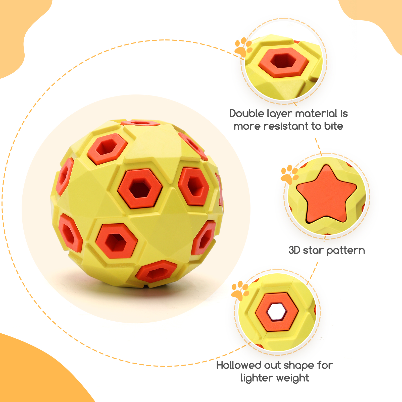 Juguete de pelota amarilla y roja con formas de hexágono y recortes de estrella.