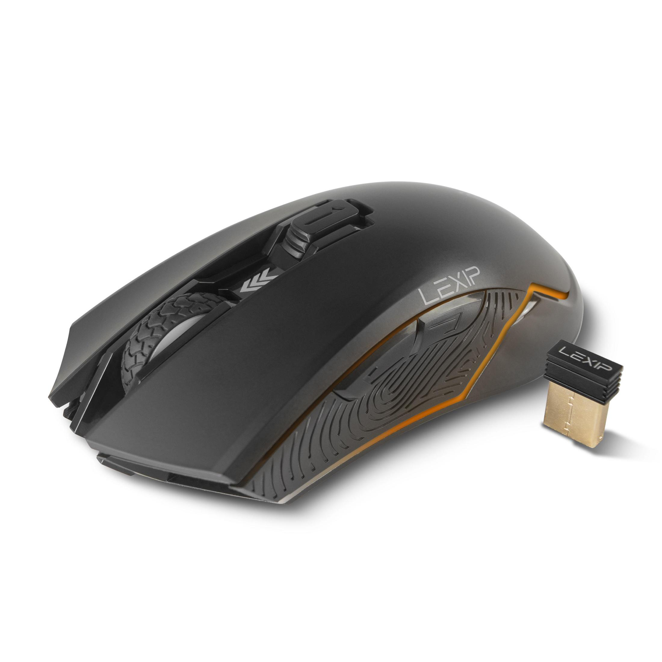 Een zwarte gamingmuis met een draadloze ontvanger, met de merknaam LEXIP aan de zijkant.