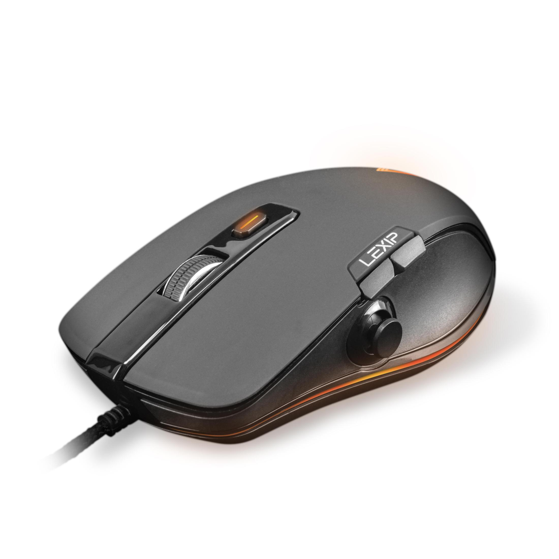 Een donkergrijze computermuis met een zwart scrollwiel en een LEXIP logo.