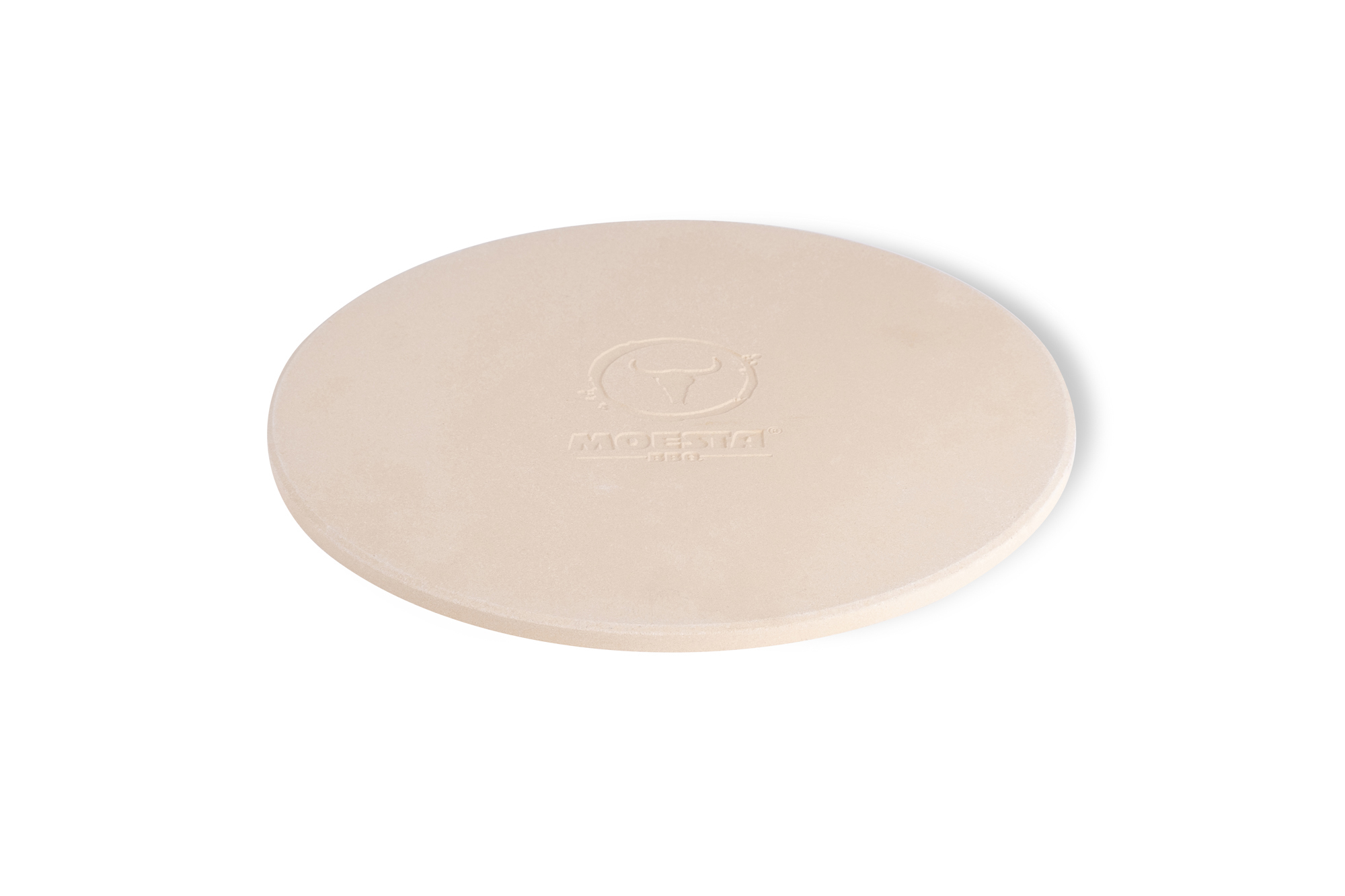 Pietra per pizza rotonda, beige, con un logo.