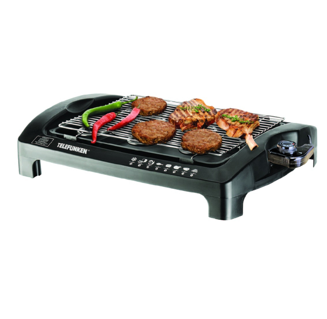 Schwarzer Elektrogrill mit gebratenen Burgern, Steaks und Chilischoten, aus der Vogelperspektive gesehen.