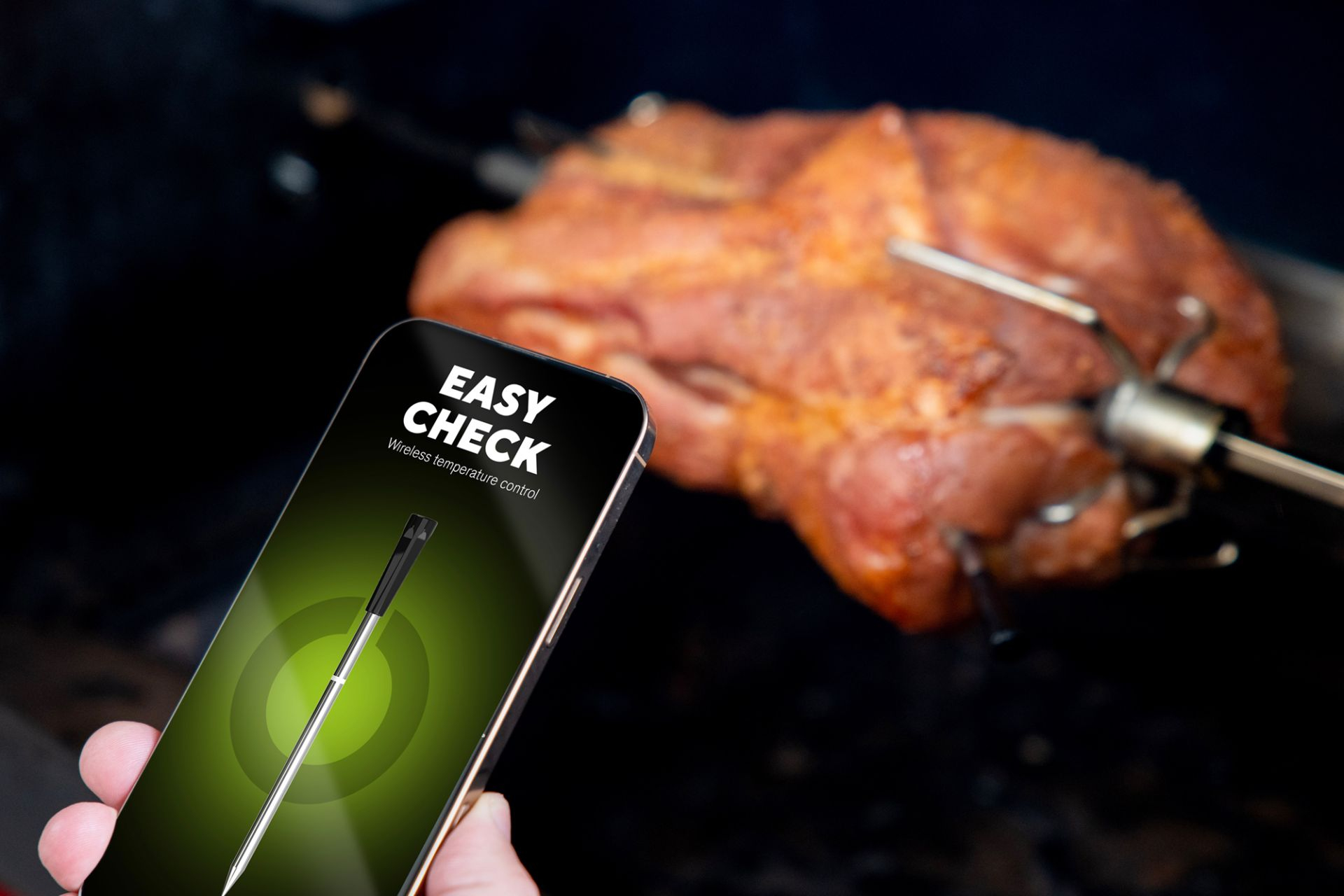 Eine Person hält ein Telefon in der Nähe eines Bratentürken, das eine Thermometeranzeige zeigt.