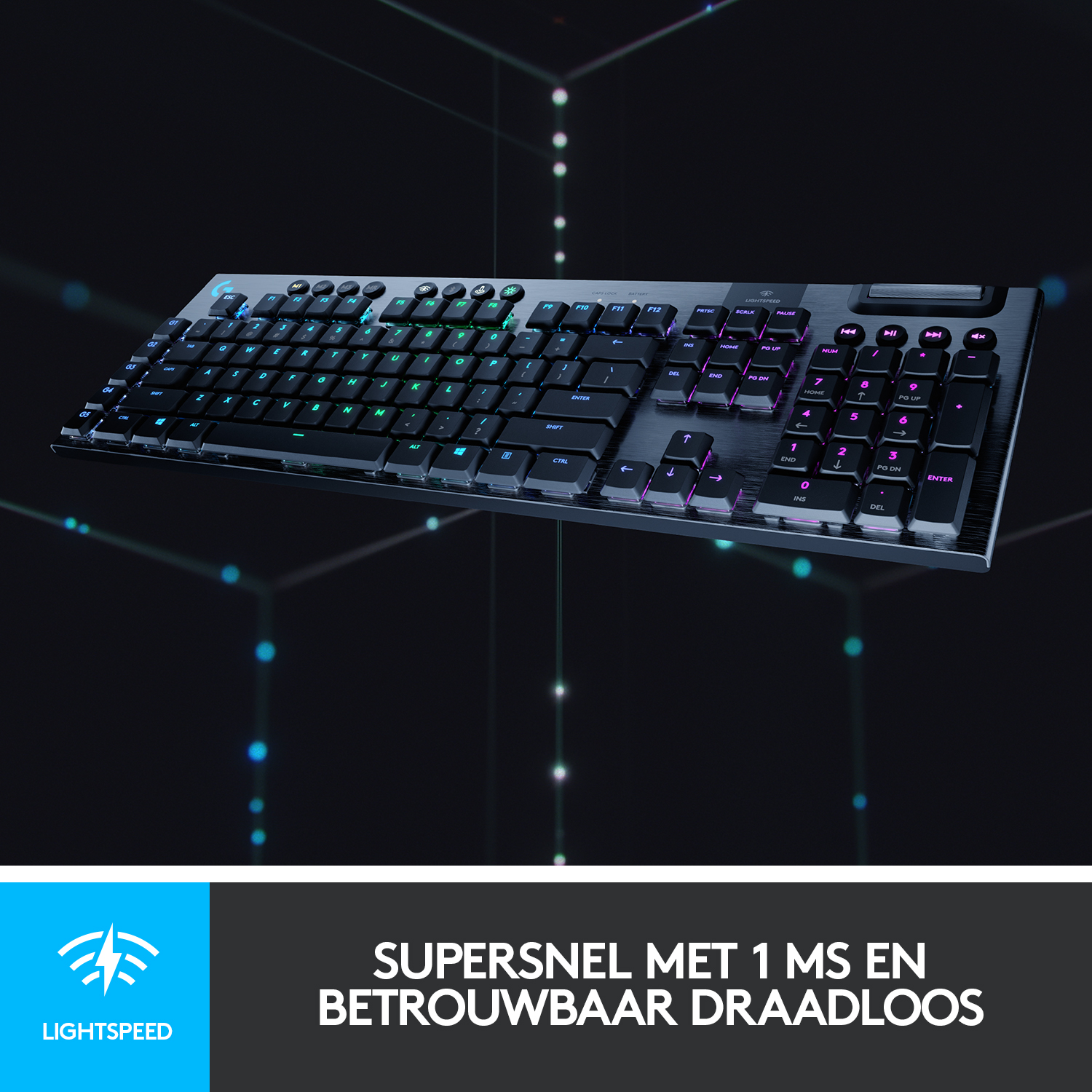 Zwart toetsenbord met RGB-verlichting, op donkere achtergrond. Lightspeed logo onderaan.