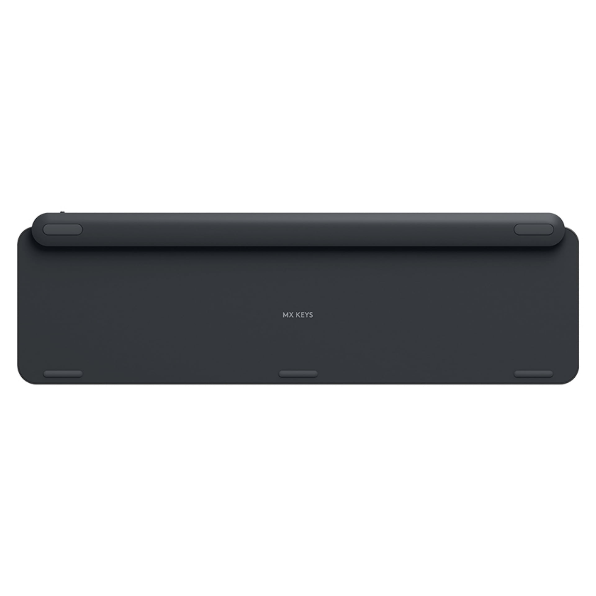 Czarna klawiatura z góry. Klawiatura ma gładką powierzchnię ze słowami 'MX KEYS'.
