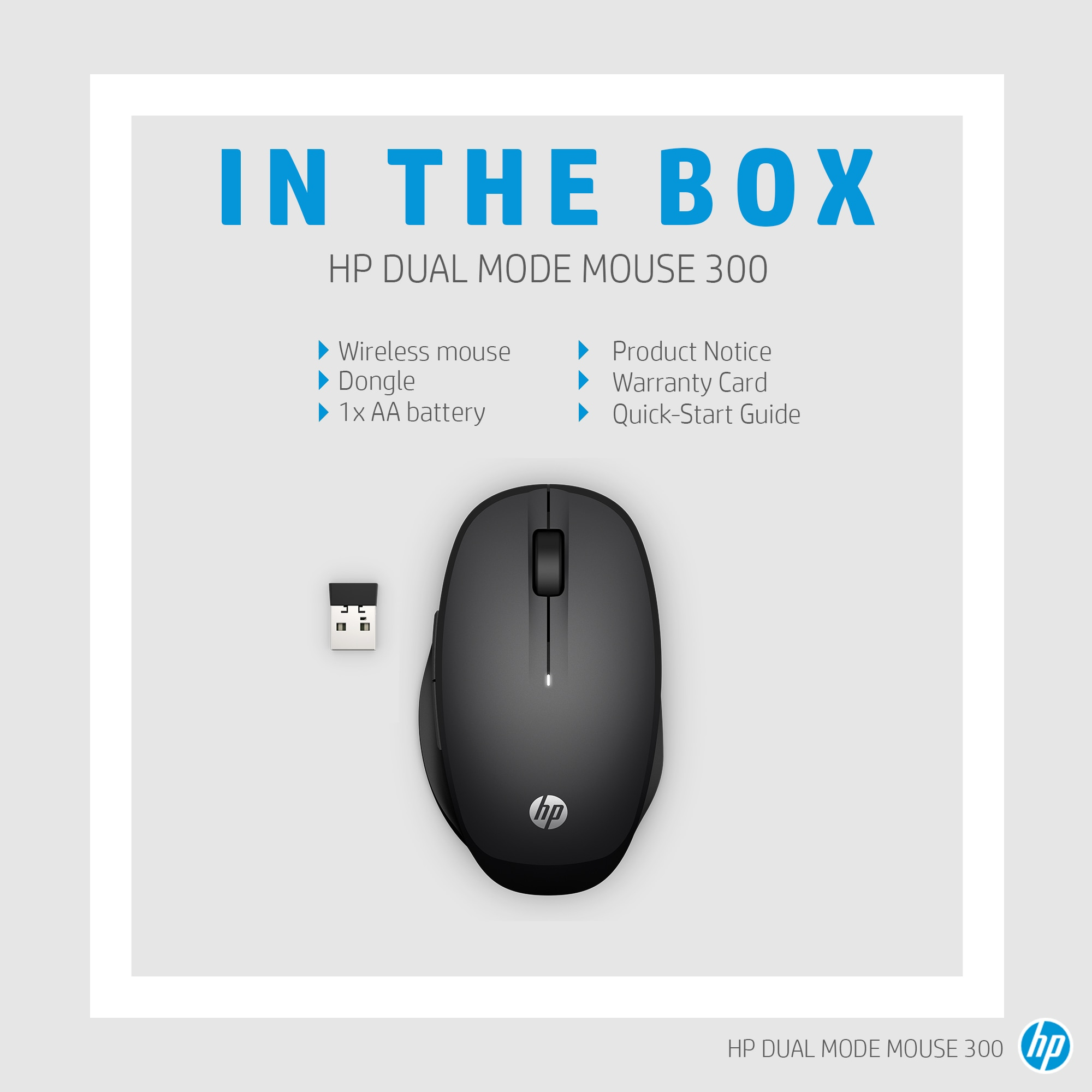 Eine HP Dual-Mode-Maus, Dongle und Batterie in einer Box, mit Textbeschriftungen.
