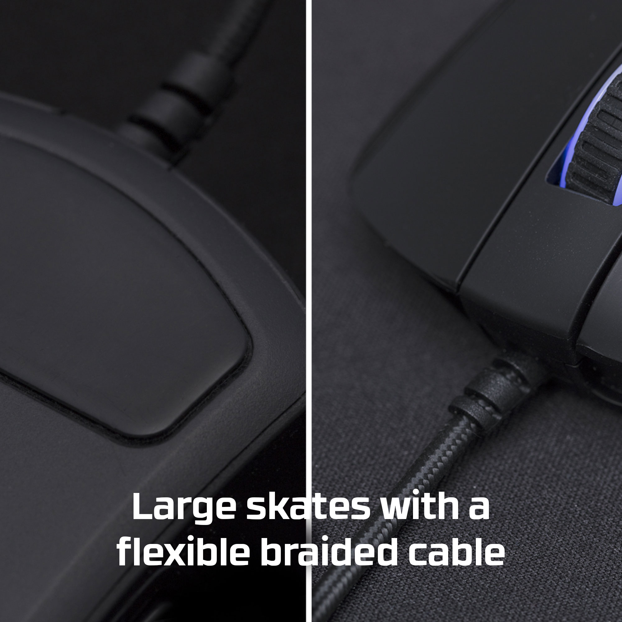 Zbliżenie czarnej myszy gamingowej. Pokazuje boczne przyciski i elastyczny, pleciony kabel.