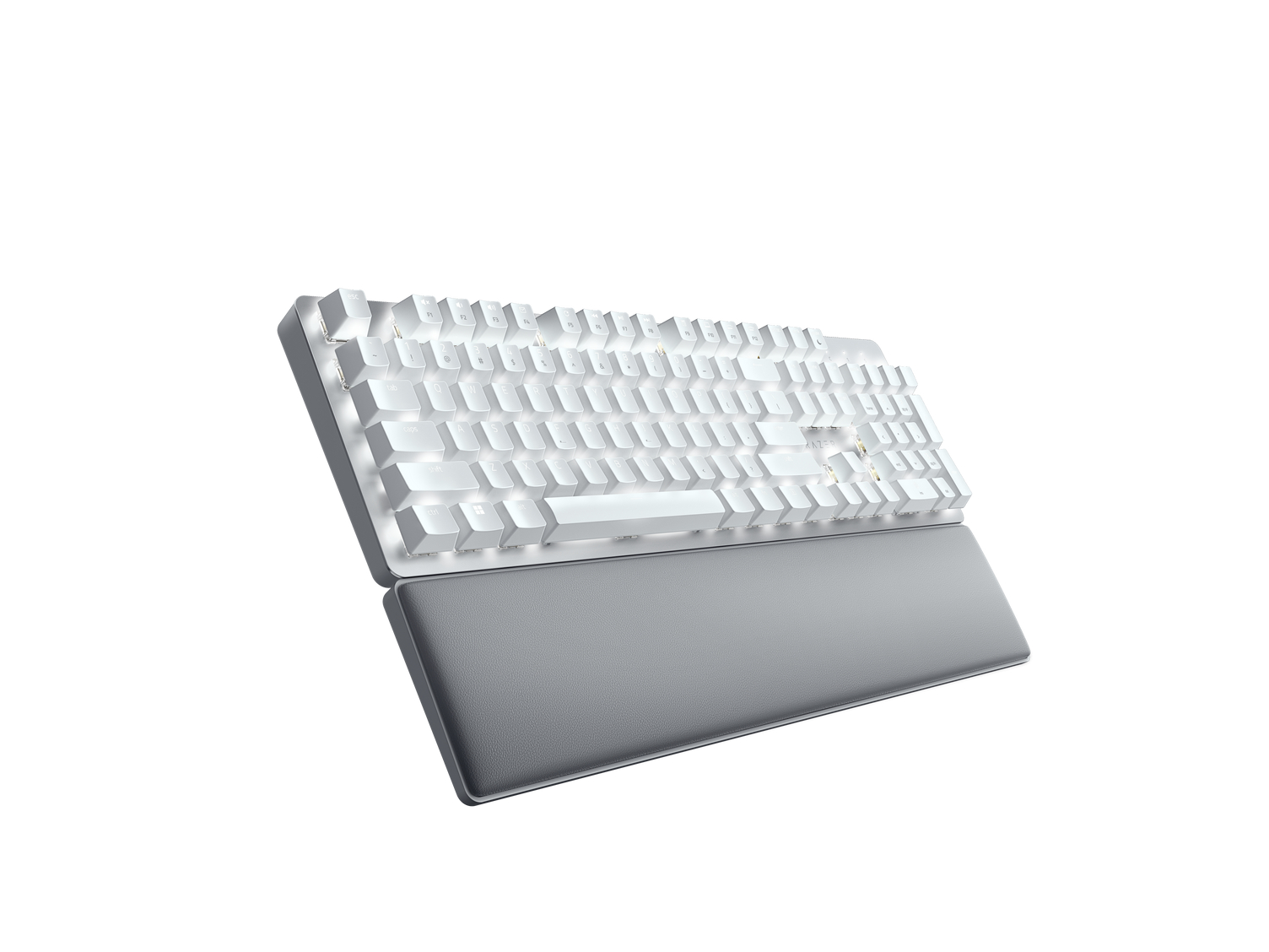 Clavier mécanique blanc avec un repose-poignet gris. Fond blanc.
