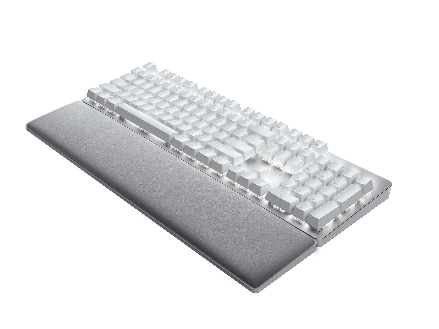 Clavier mécanique blanc avec repose-poignets gris, touches éclairées et fond blanc.