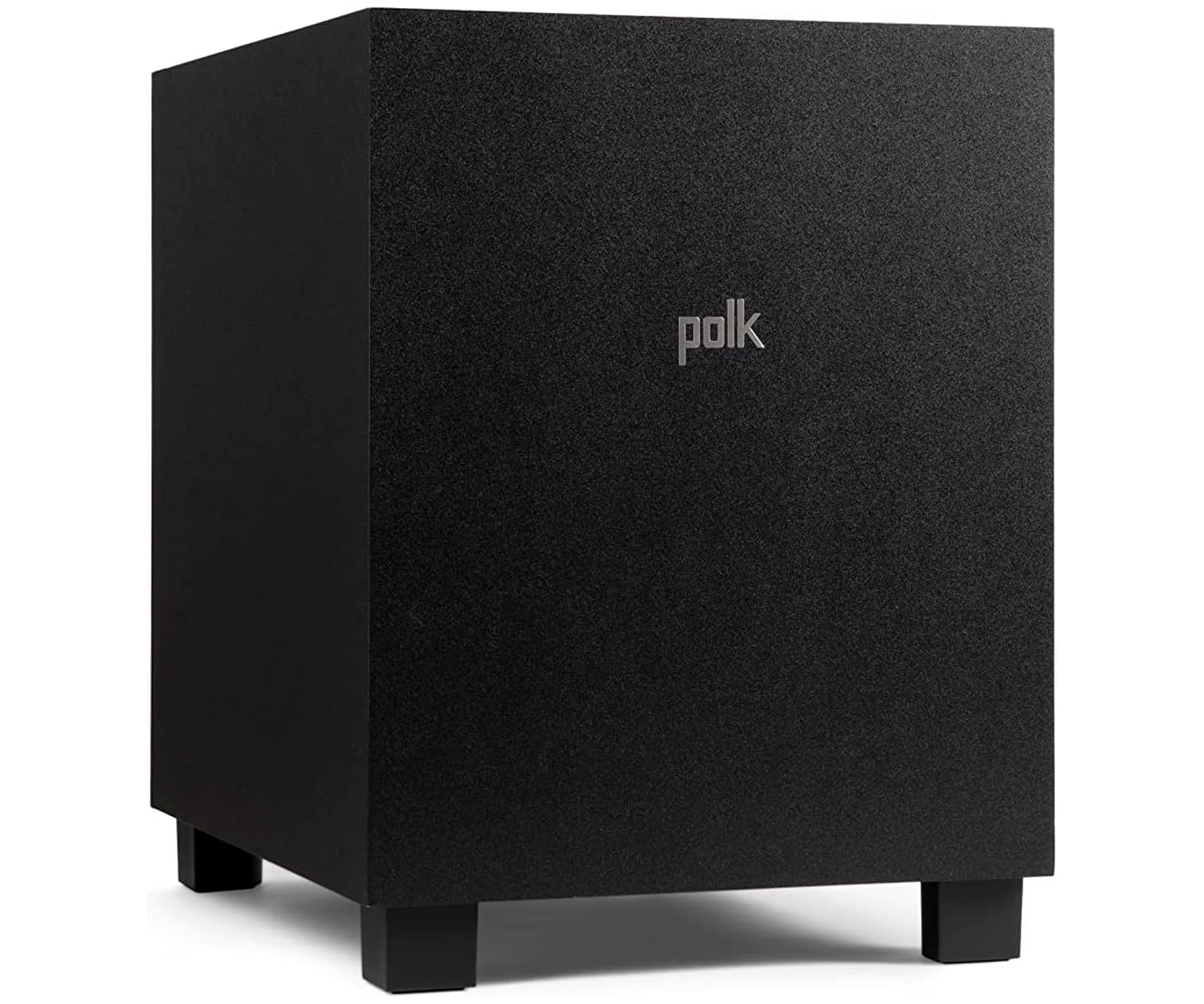 Altavoz subwoofer negro sobre fondo blanco. El altavoz tiene una superficie texturizada y patas.