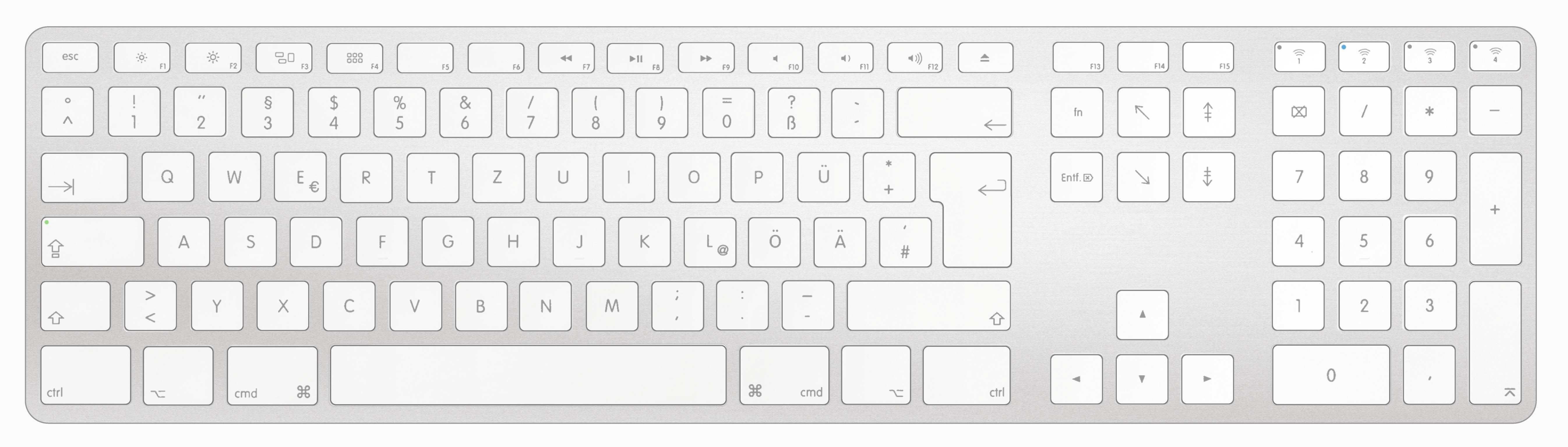 Silberne Tastatur mit weißen Tasten. Buchstaben, Zahlen und Symbole sind aufgedruckt.