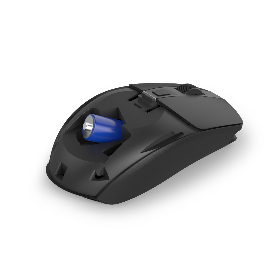 Schwarze Computermaus mit einer blauen AA-Batterie im Inneren. Die Maus befindet sich auf weißem Hintergrund.