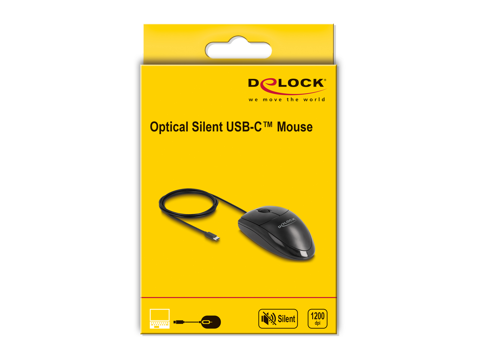 Un ratón USB-C negro en una caja amarilla. La caja dice 'Optical Silent USB-C Mouse' de Delock.